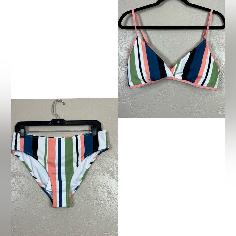 Cupshe Triangle Bikini Size XL Vertical Stripe Coral Green Blue‎ White